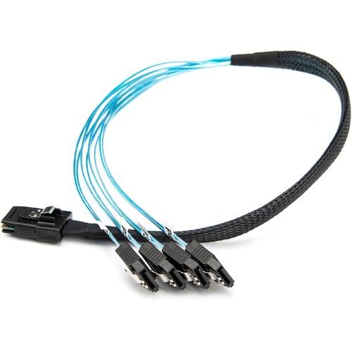 Rocstor 20in/50cm Serial Attached SCSI SAS Cable-SFF-8087 to 4x SATA Latching - 1.7 ft SAS/SATA Data Transfer Cable for Hard Drive, Backplane - First End: 1 x SFF-8087 Male SAS - Second End: 4 x Male SATA - Blue - 1